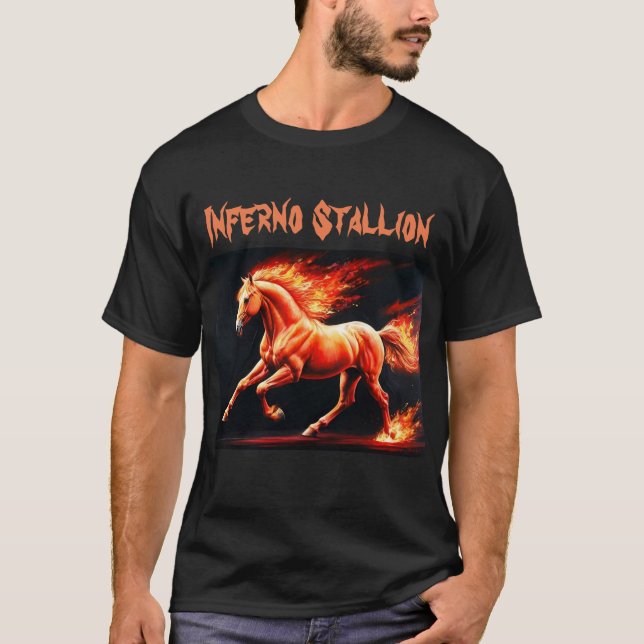 Camiseta Inferno Stallion: Design de Cavalo Preto Fiery (Frente)