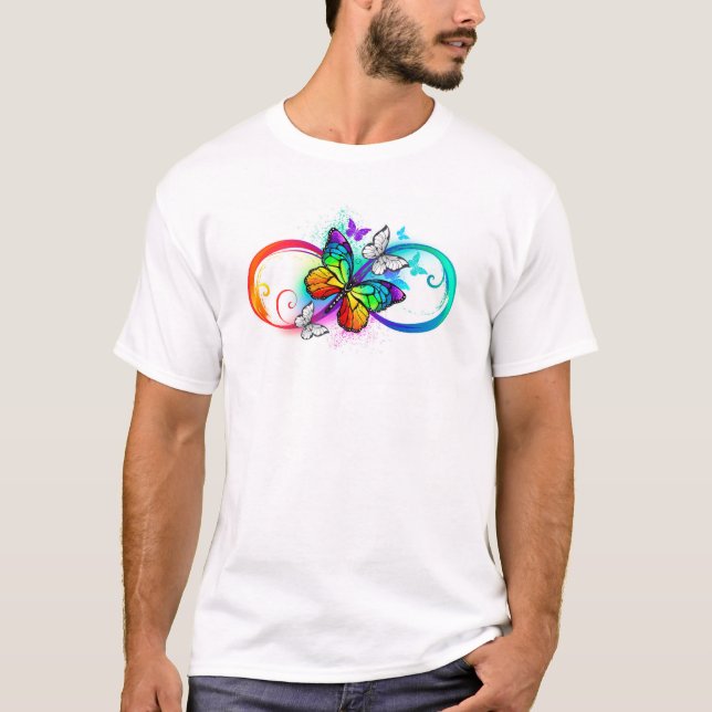 Camiseta Infinidade brilhante com borboleta arco-íris (Frente)