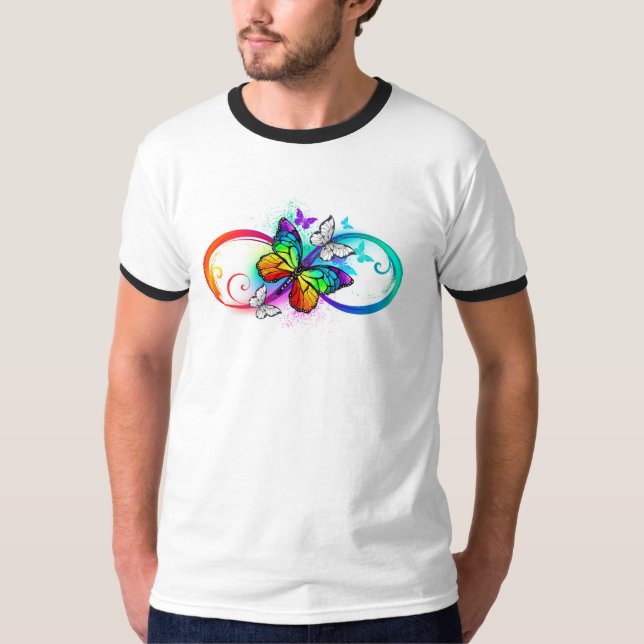 Camiseta Infinidade brilhante com borboleta arco-íris (Frente)