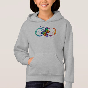Camiseta Infinidade vibrante com borboleta arco-íris a pret