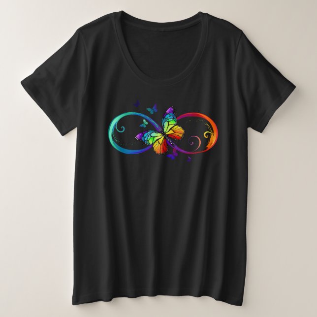 Camiseta Infinidade vibrante com borboleta arco-íris a pret (Frente do Design)