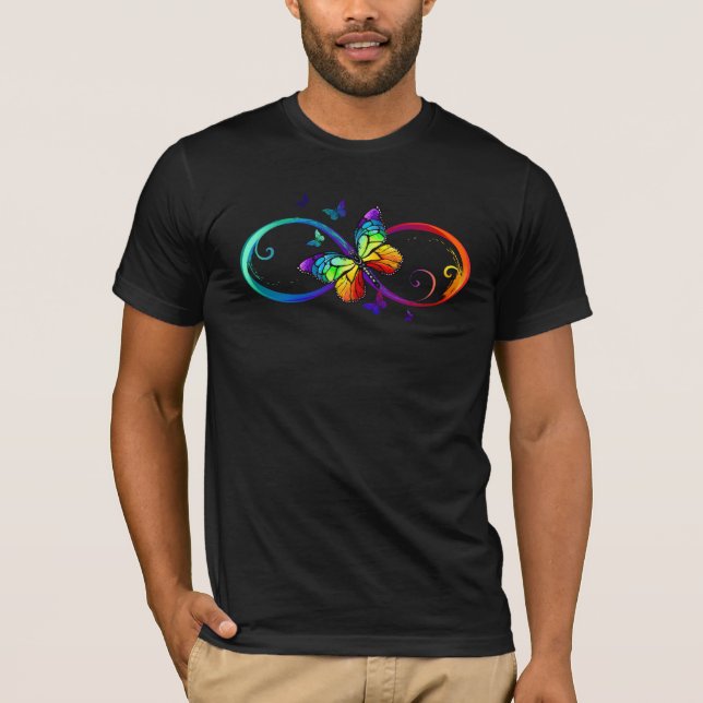 Camiseta Infinidade vibrante com borboleta arco-íris a pret (Frente)
