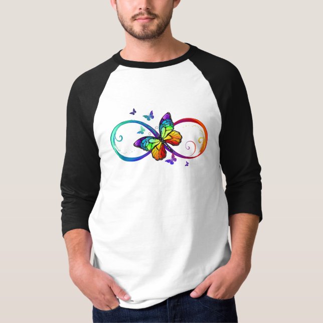 Camiseta Infinidade vibrante com borboleta arco-íris a pret (Frente)