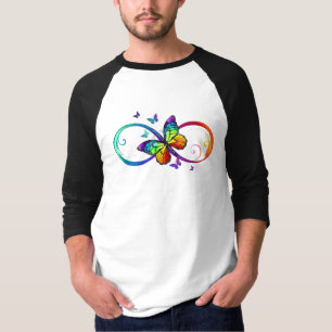 Camiseta Infinidade vibrante com borboleta arco-íris em pr