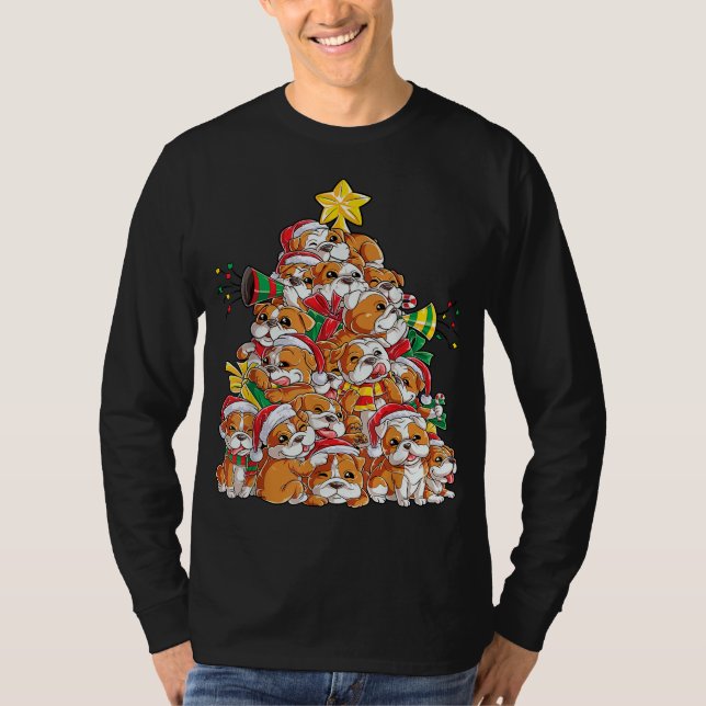 Camiseta Inglês Buldogue Árvore de Natal Papais noeis Xmas  (Frente)