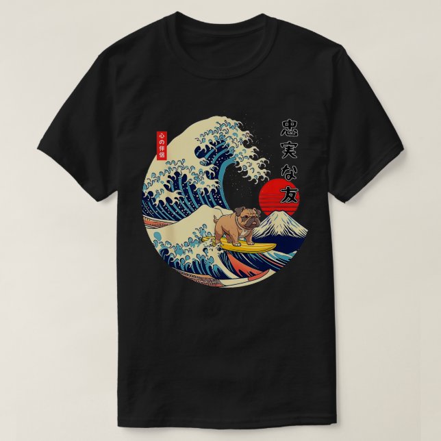 Camiseta Inglês Buldogue Japonês Kanagawa Surf Loyal (Frente do Design)