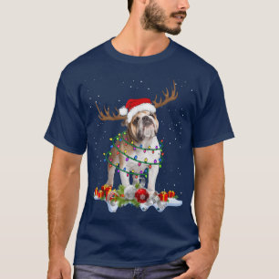 Camiseta Inglês Buldogue Reindeer Santa Hat Luz de Natal