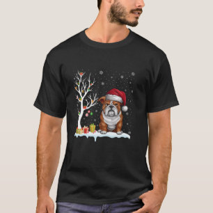 Camiseta Inglês Buldogue Santa Hat Festivo Tree Light Xmas