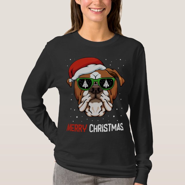 Camiseta Inglês Buldogue Santa Hat Natal Pajama Dog X-M (Frente)