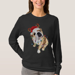 Camiseta Inglês Buldogue Santa Hat Reindeer natal Light