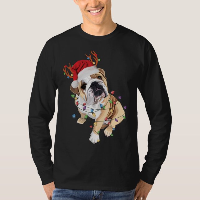 Camiseta Inglês Buldogue Santa Hat Reindeer natal Light (Frente)