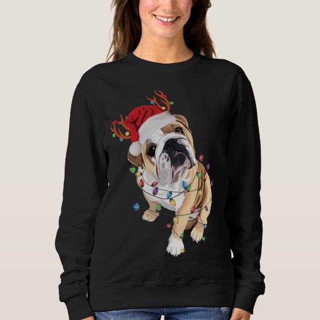 Camiseta Inglês Buldogue Santa Hat Reindeer natal Light (Frente)