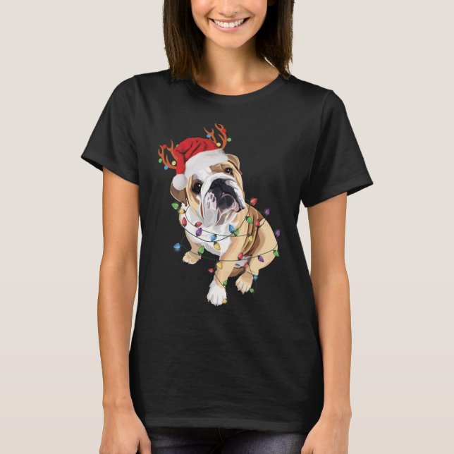 Camiseta Inglês Buldogue Santa Hat Reindeer natal Light (Frente)