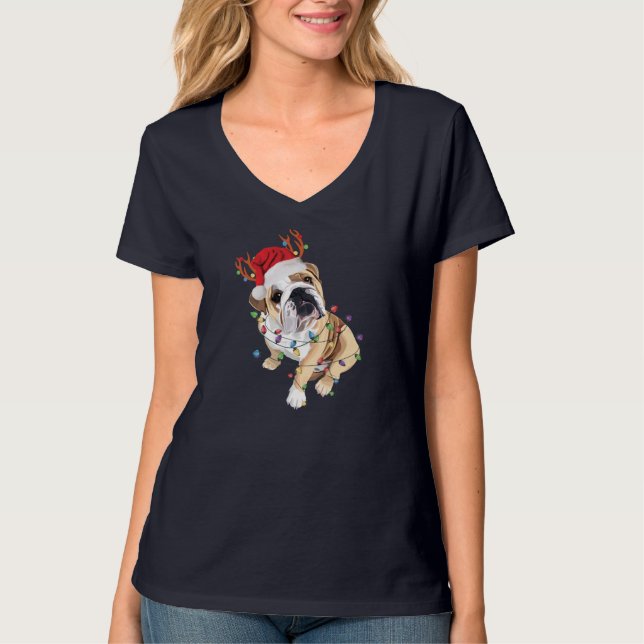 Camiseta Inglês Buldogue Santa Hat Reindeer natal Light (Frente)