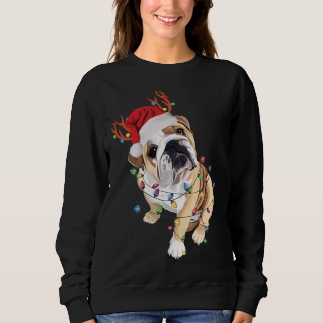 Camiseta Inglês Buldogue Santa Hat Reindeer natal Light (Frente)