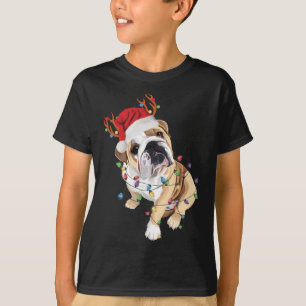 Camiseta Inglês Buldogue Santa Hat Reindeer natal Light