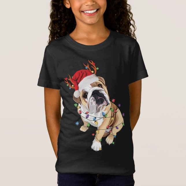 Camiseta Inglês Buldogue Santa Hat Reindeer natal Light (Frente)