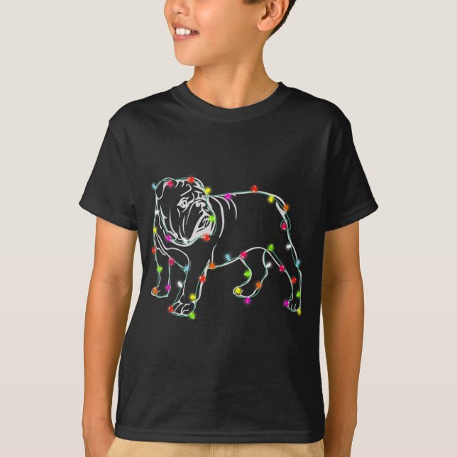 Camiseta Inglês Buldogue Sobre Árvore de Natal Luz Cão Da (Frente)