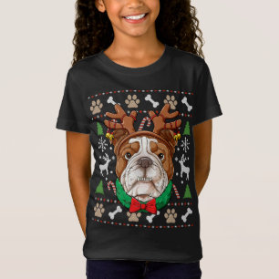 Camiseta Inglês Buldogue Ugly Christmas Reindeer Antlers Xm