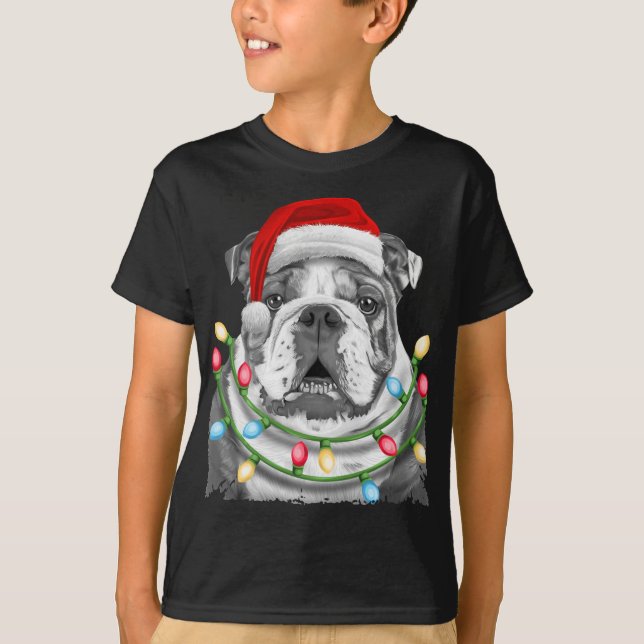 Camiseta Inglês BuldoPapais noeis Árvore de Natal Luzes Xma (Frente)