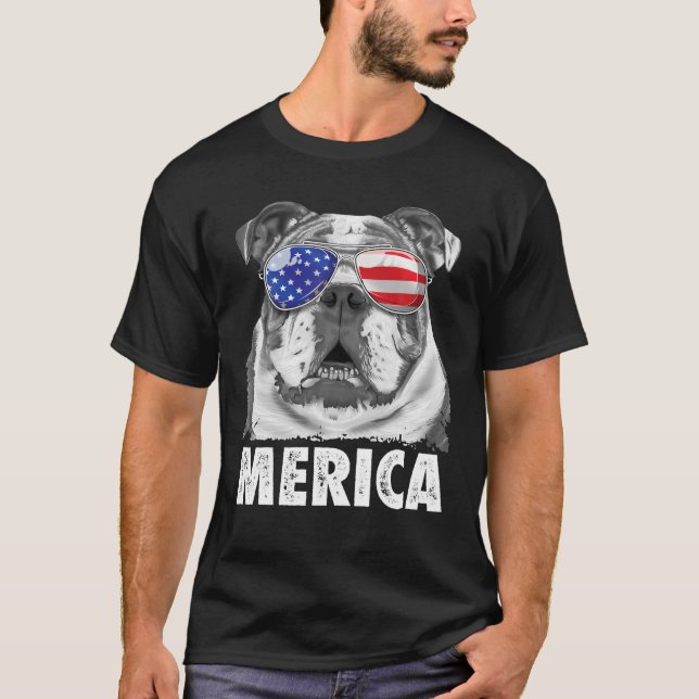 Camiseta Inglês Bulldog 4 De Julho Merica Dog USA Flag (Frente)