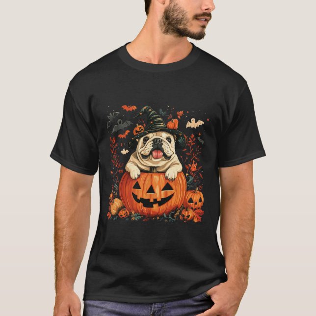Camiseta Inglês Bulldog Pumpkin Halloween Homens de Ação de (Frente)