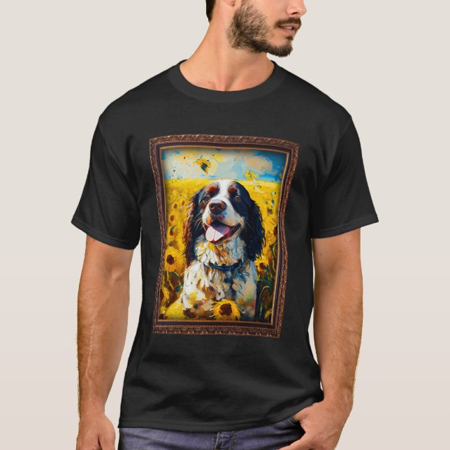 Camiseta Inglês Springer Spaniel Pintura Girassol (Frente)