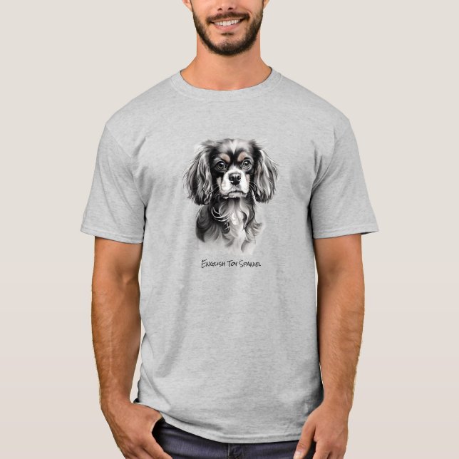 Camiseta Inglês Toy Spaniel Black e White Silhouette (Frente)