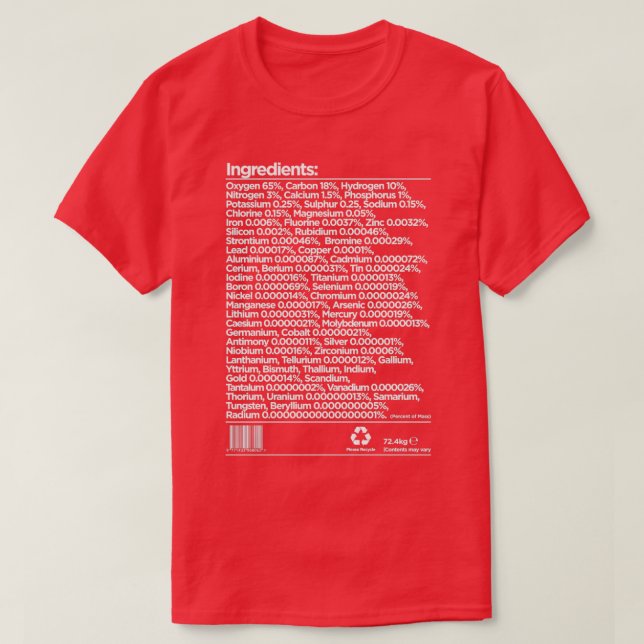 Camiseta Ingredientes Químicos Humanos Lista 1 (Frente do Design)