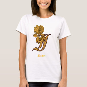 Camiseta Iniciais do Monograma I Flor de Peônia Dourada Per