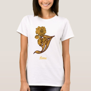 Camiseta Iniciais do Monograma J Flor de Peônia Dourada Per