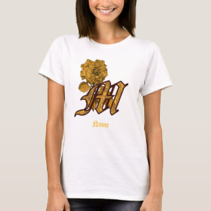 Camiseta Inicial do Monograma M Flor de Peônia Dourada Pers