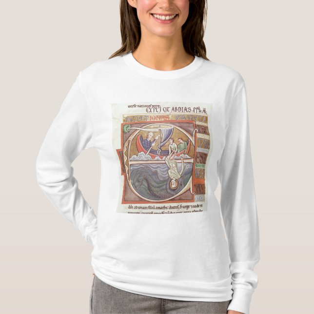 Camiseta Inicial "E" de Historiated que descreve Jonah (Frente)