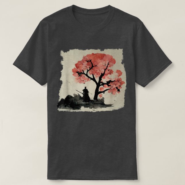 Camiseta Ink Samurai sob uma árvore Sakura, estética japone (Frente do Design)