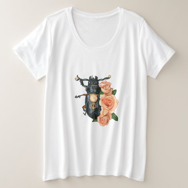 Camiseta Inseto negro com rosas cor-de-rosa (Frente do Design)