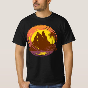 Camiseta Insígnia com paisagem de vulcão tropical e palmeir