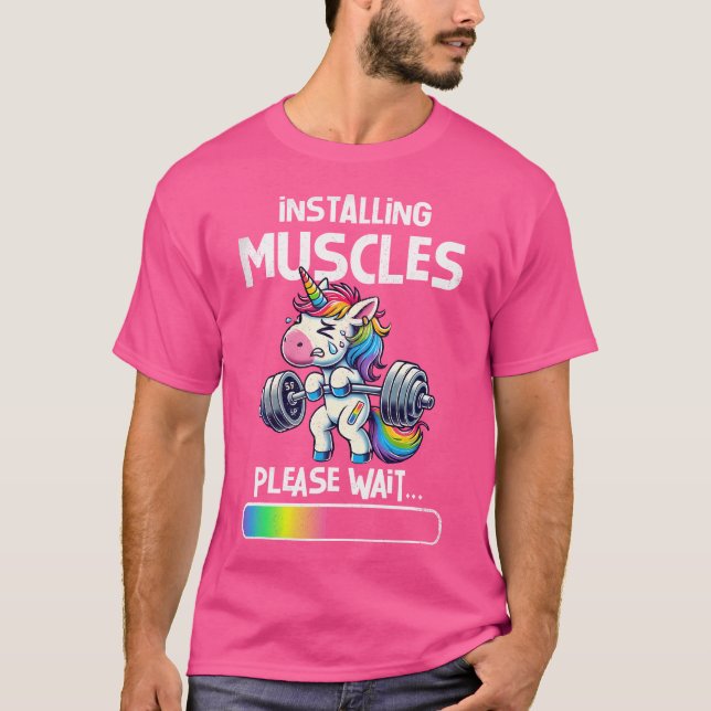 Camiseta Instalando Músculos Engraçado Unicorno Seminário (Frente)