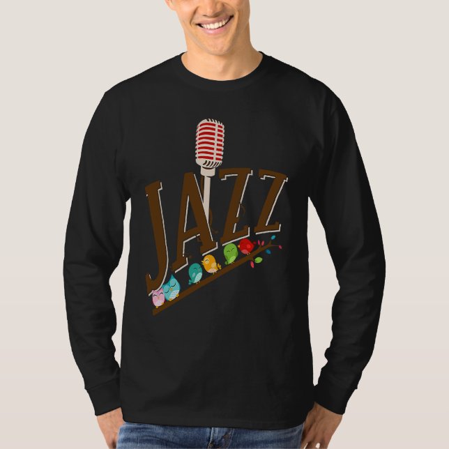 Camiseta instrumento de música jazz microfone pássaros cant (Frente)