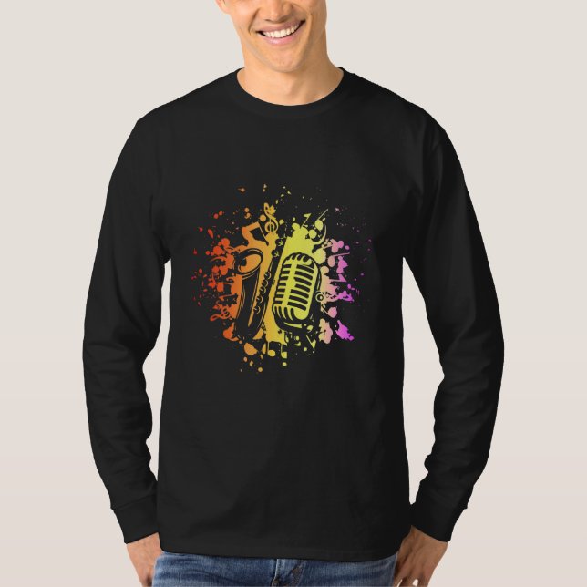 Camiseta Instrumento Musical Colorido De Microfones Saxofôn (Frente)
