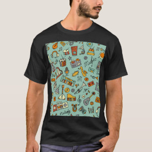 Camiseta Instrumentos musicais, padrão de esboço vintage.