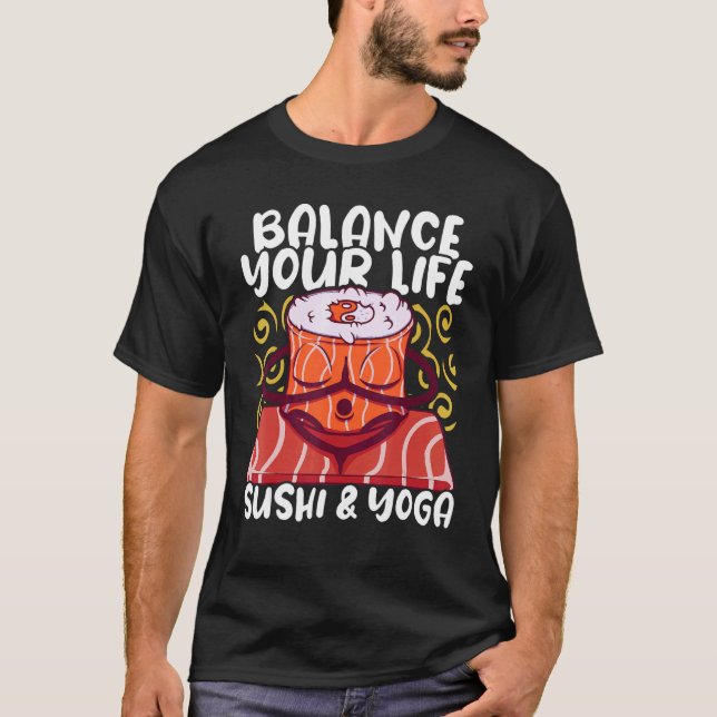 Camiseta Instrutor de Yoga Equilibre Sua Vida com Sushi e I (Frente)