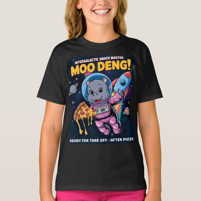 Camiseta Intergaláctico Moo Deng Baby Hippo Pizza Adventure (Frente)