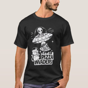 Camiseta Invasão Espacial Amantes de Pizza de Gato Alien Di