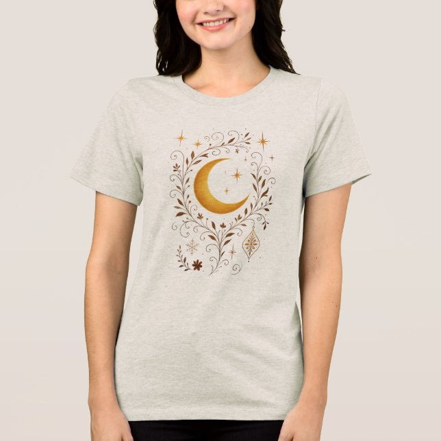 Camiseta Inverno Celestial Místico | Lua e Dourado Fantasia (Frente)