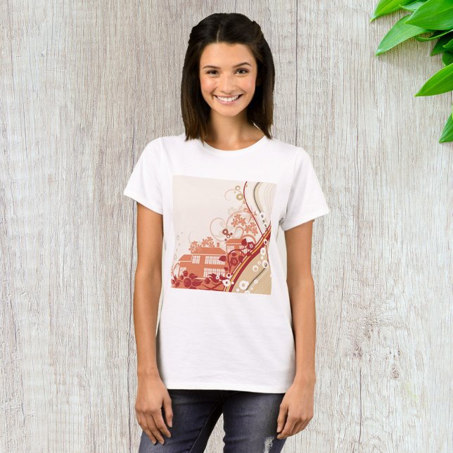Camiseta Inverno de Ilustração de Casa Floral e Padrão Natu (Criador carregado)