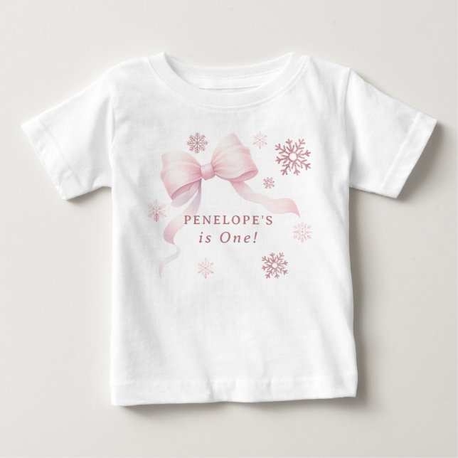 Camiseta Inverno Onederland Laço Rosa Menina 1º Aniversário (Frente)