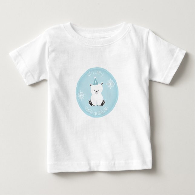 Camiseta Inverno Onederland Polar Bear Blue Primeiro Aniver (Frente)