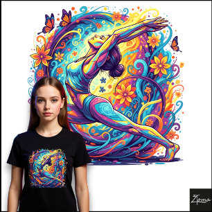 Camiseta Ioga Abstrato Neon Floral Espiral Pose do Guerreir