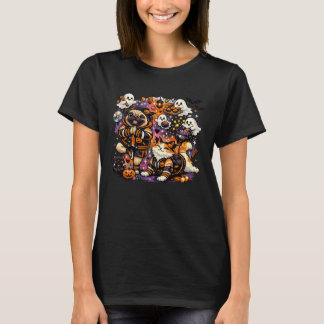 Camiseta Ioga assustador de Halloween Pug e Gato numa Cozin