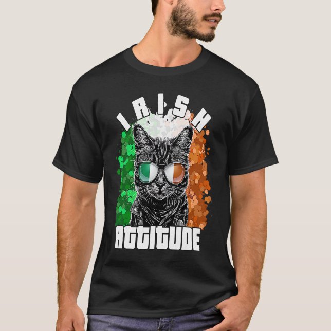 Camiseta Irish Attitude  Cat Sunglasses Ireland Flag (Frente)